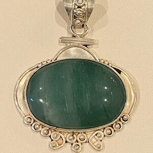 Antique 925 Sterling Silver Green Cabochon Aventurine Pendant 21.65gr